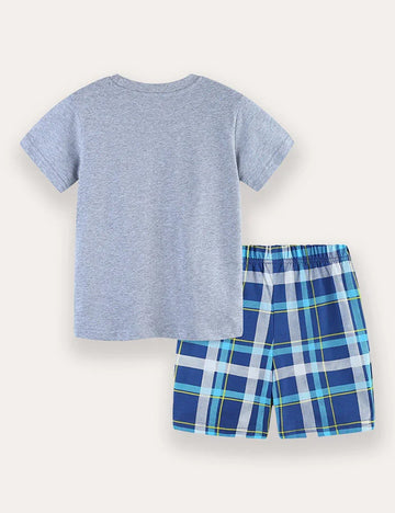 Excavator Plaid Print T-Shirt And Shorts Set